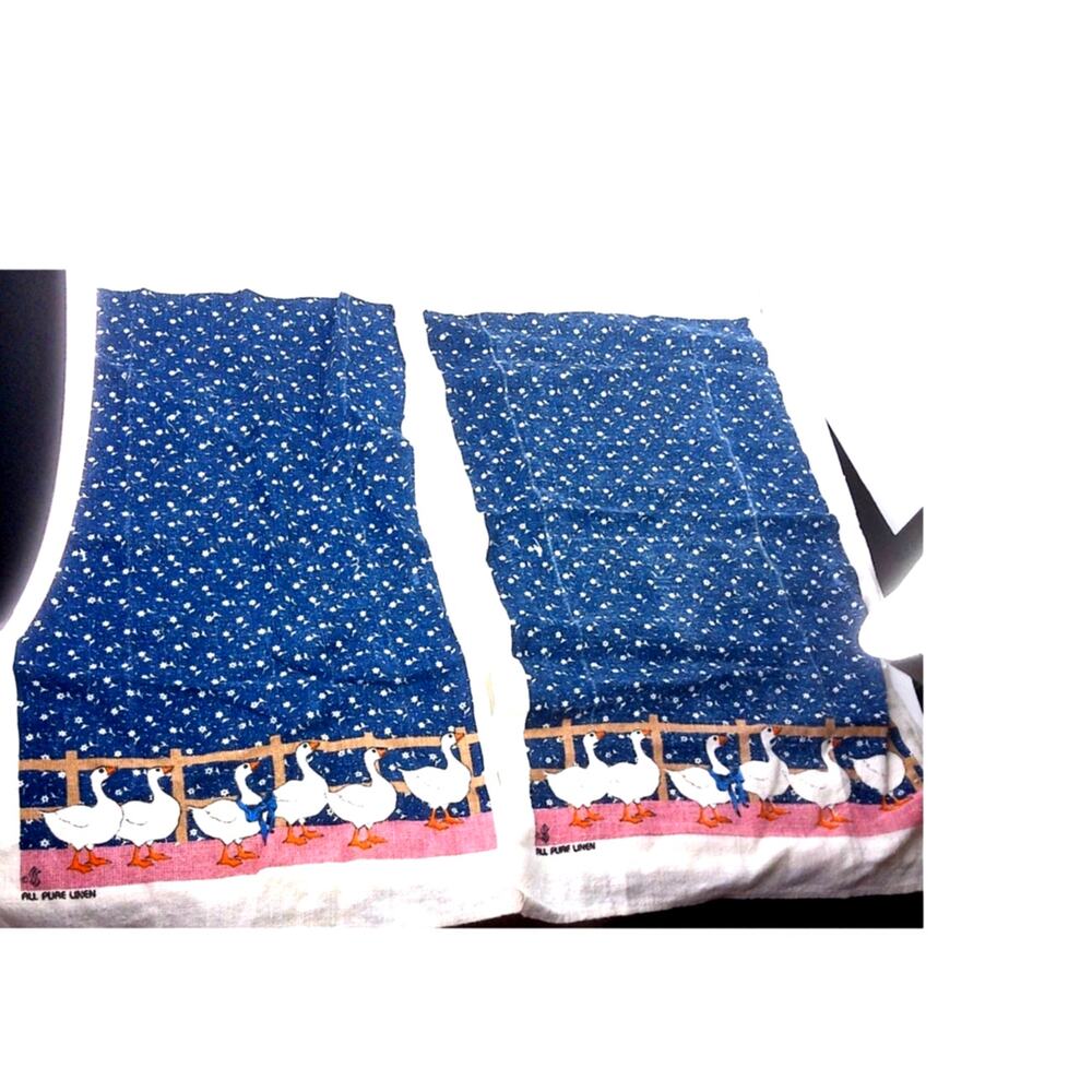 Vintage Country Geese Linen Kitchen Towel Set Blue Calico Farmhouse 2pc